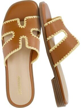 Women's Whiskey Woven Memory Foam Vegan Leather Cutout Strap Slip On Flat Shoes